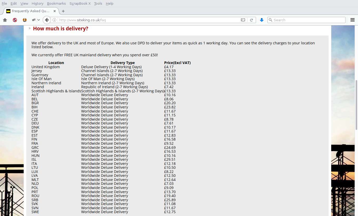Site King delivery charges screenshot