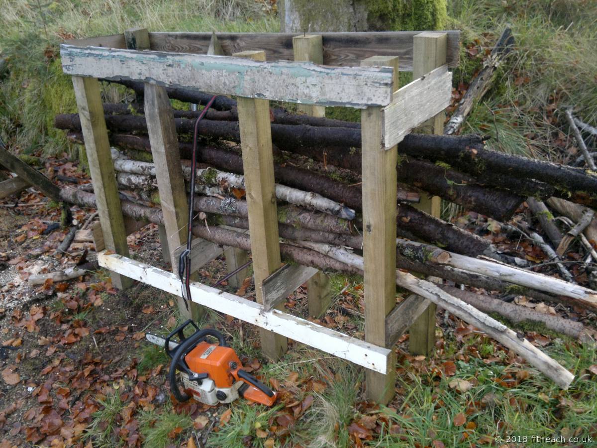 The cutting frame loaded with branches (mostly spruce).